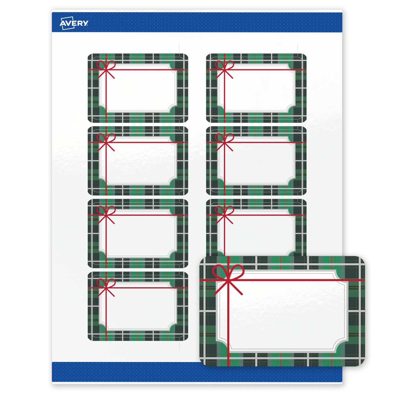 Avery Printable Labels with Sure Feed Technology, Rectangle, 2" x 3", Pre-Printed Green & Metallic Silver Plaid with Red Bow Design, Glossy White, Laser & Inkjet Compatible, 80 Total